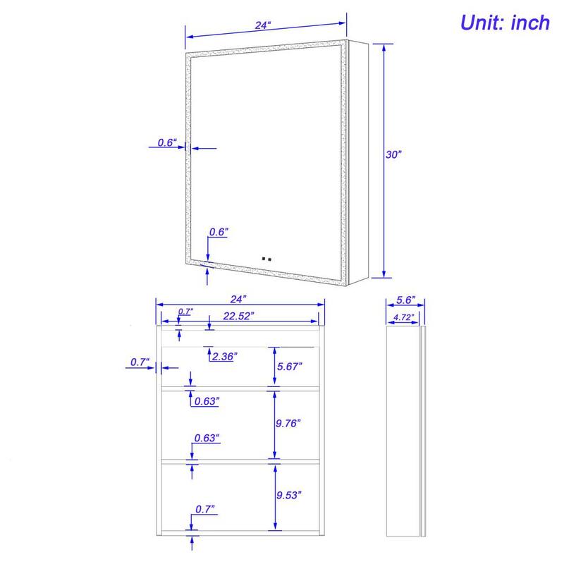 24 in. W x 30 in. H Rectangular Black Aluminum Surface Mount Medicine Cabinet with Mirror and Dimmer LED Anti-Fog