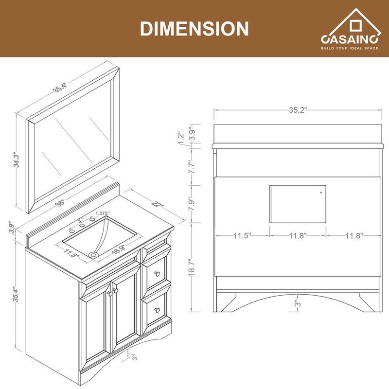 36 in. W x 22 in. D x 35.4 in. H Single Sink Freestanding Bath Vanity in Traditional Brown with Carrara Top and Mirror