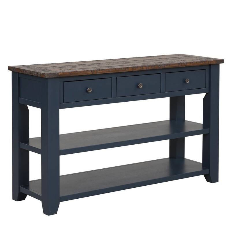 49 in. Blue Rectangle Distressed Wood Top Console Table with Storage Drawers and Shelves