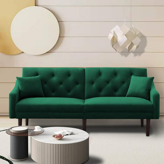 72.8 in. W Green Velvet Twin Size Sofa Bed Futon Sofa Sleeper with 2 Pillows