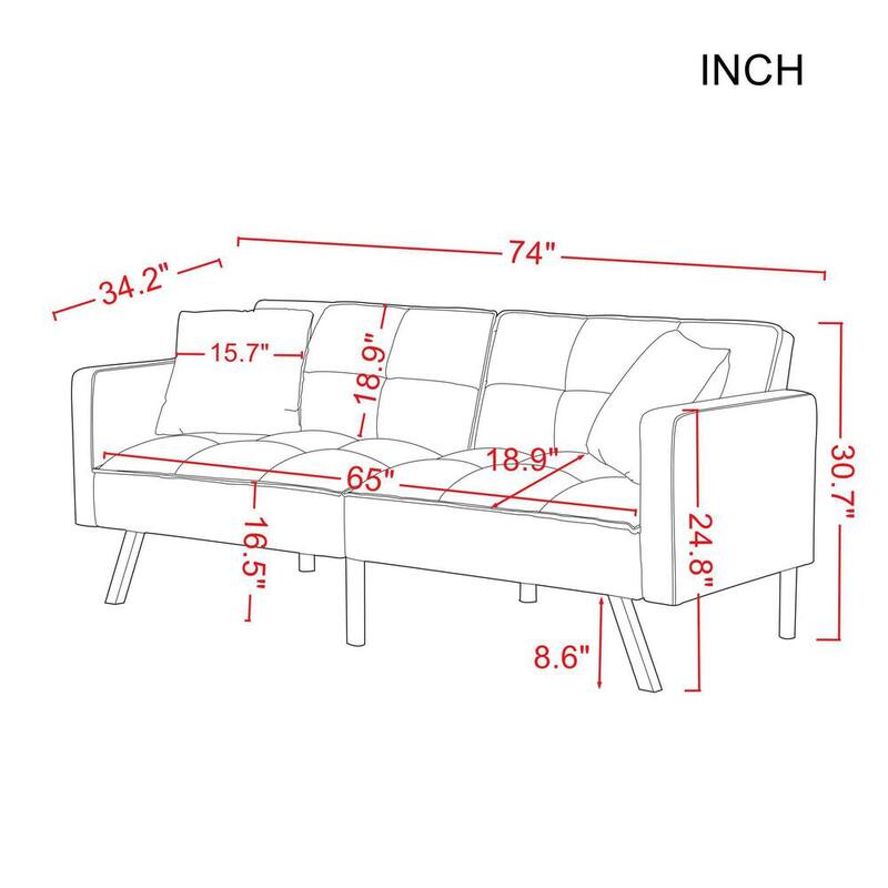 74 in. Beige Velvet 2-Seater Loveseat Convertible Sofa Bed with 2 Pillows